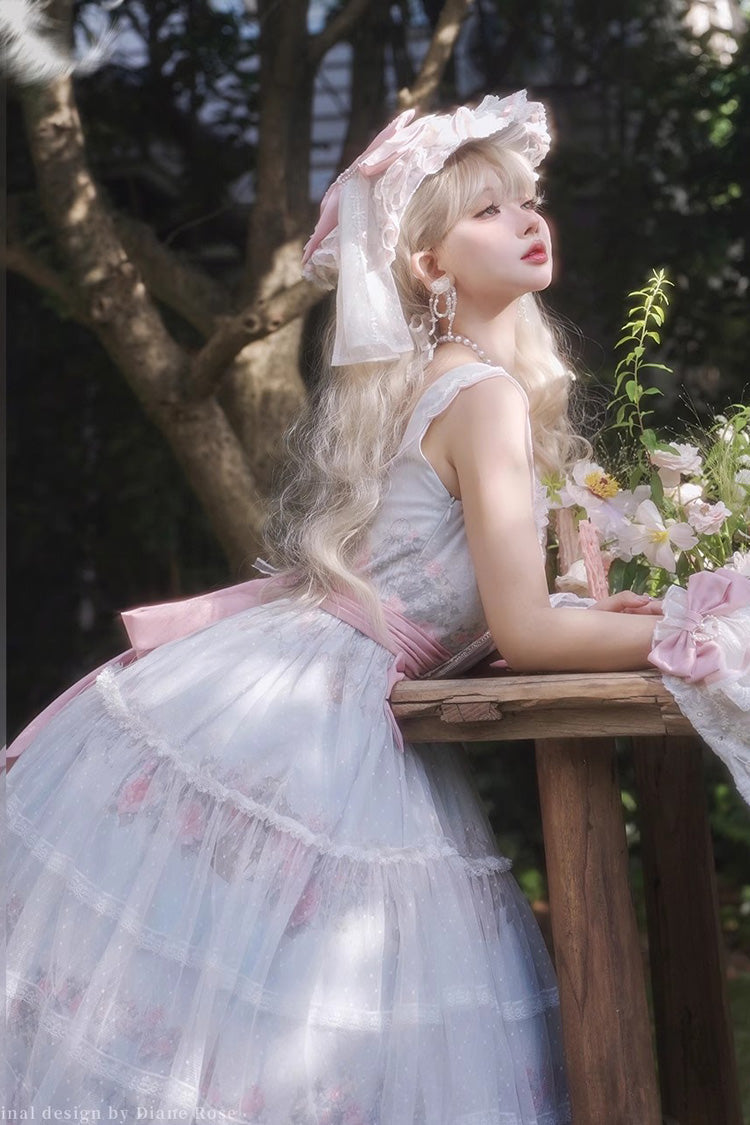 Multicolor Rose Flower Cage Print Ruffle Bow Lolita JSK