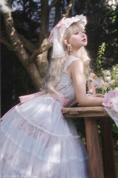 Multicolor Rose Flower Cage Print Ruffle Bow Lolita JSK