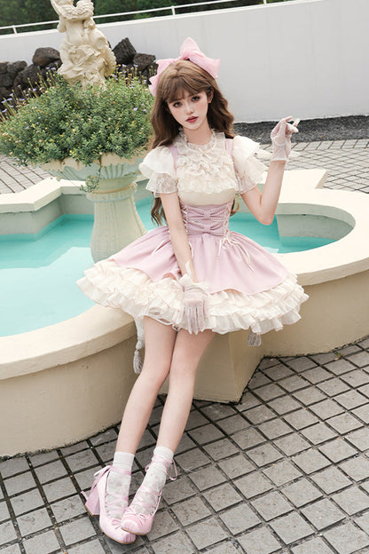 Pink Multi-Tier Ruffle Bow Lace-Up Sweet Lolita Corset Gown - Love Diary