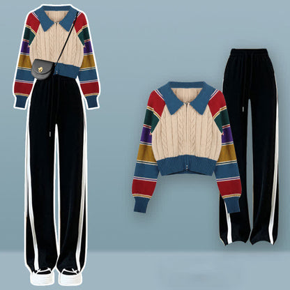 Stripe Set Sweater Colorblock Cardigan Pants