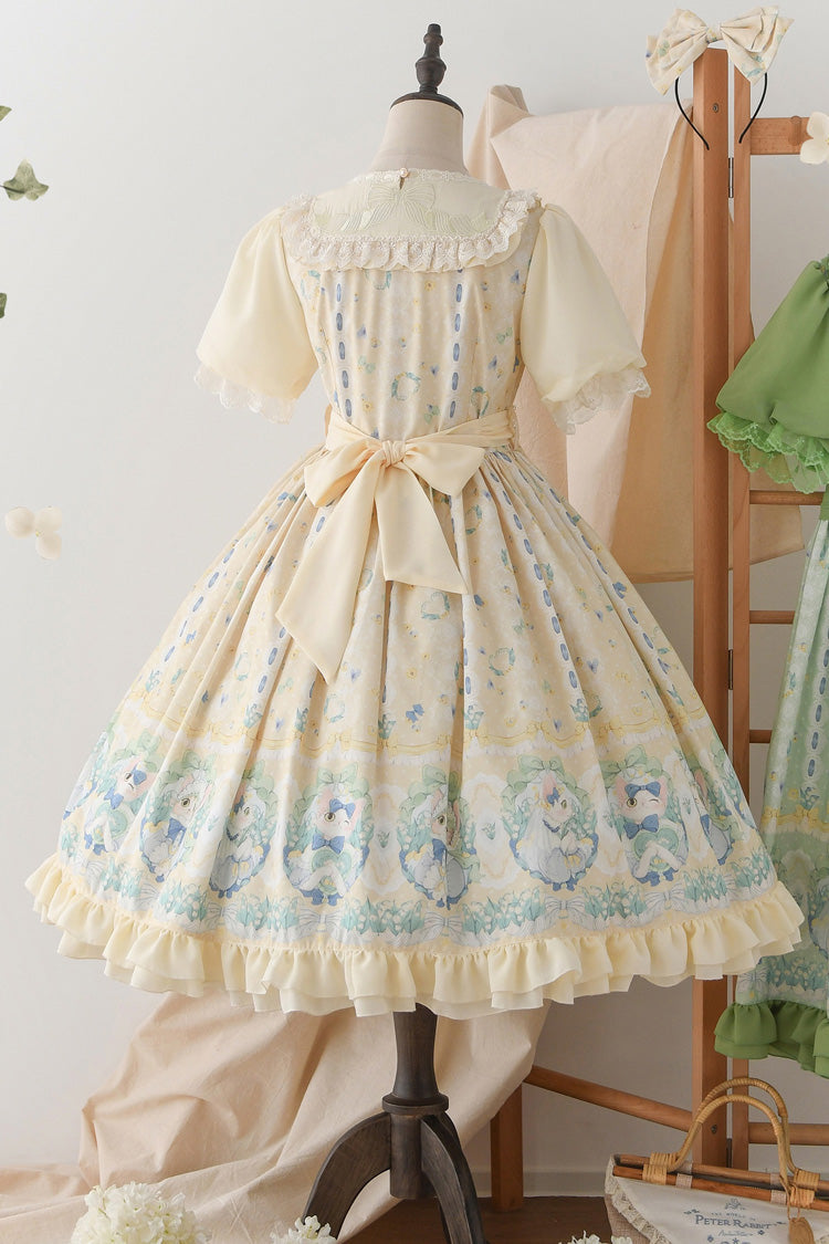 Lily of the Valley Cat Print Ruffle Embroidered Bowknot Sweet Lolita Dress in Beige