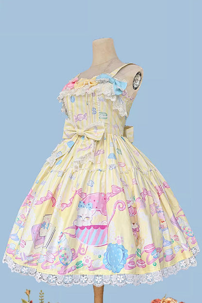 Macaron Dolly House Sleeveless Print Bow Sweet Lolita JSK in Yellow