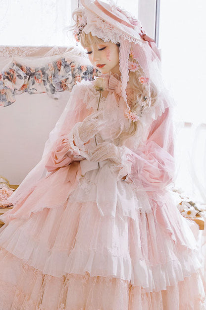 Pink OP Tiered Dress Sweet Lolita Long Sleeves Bowknot Ruffled - Altfashion Shop