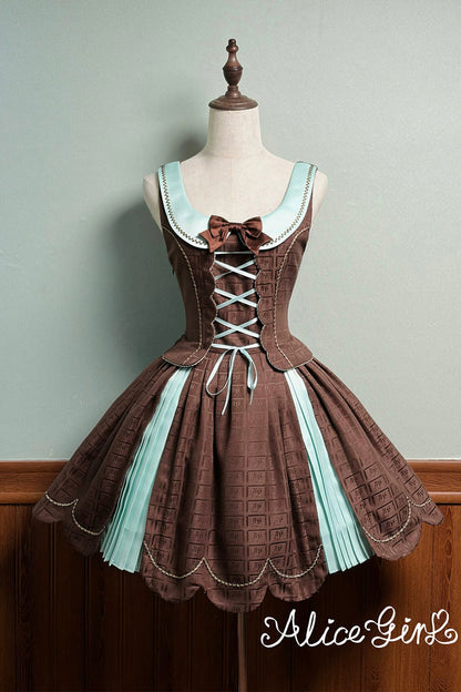 Brown Teddy Chocolate Bar Print Embroidered Bow Lace-Up Classic Lolita JSK Skirt