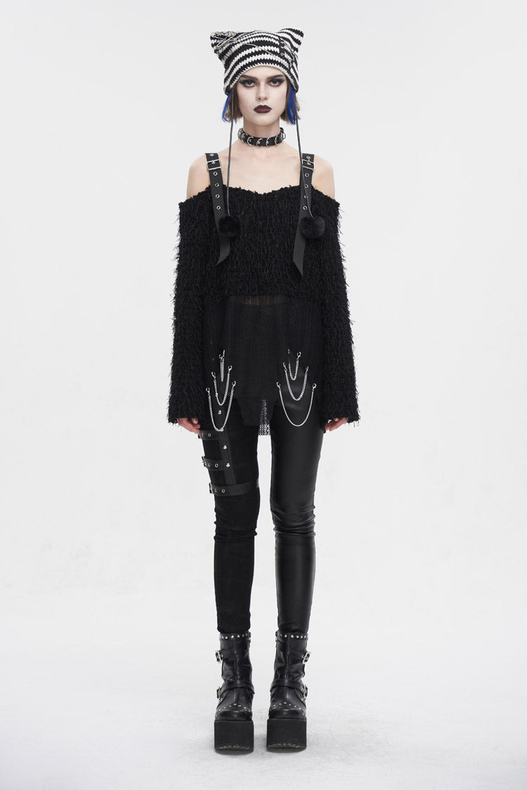 Off-Shoulder Fluffy Black Sweater Punk Women's Asymmetric Style