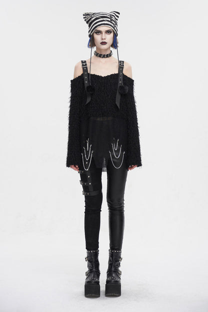 Off-Shoulder Fluffy Black Sweater Punk Women's Asymmetric Style