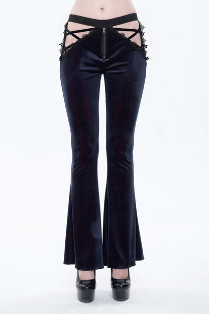 Velvet Low-Rise Ribbon Cutout Flare Gothic Pants