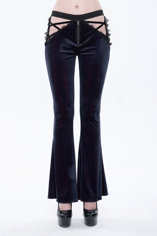 Velvet Low-Rise Ribbon Cutout Flare Gothic Pants