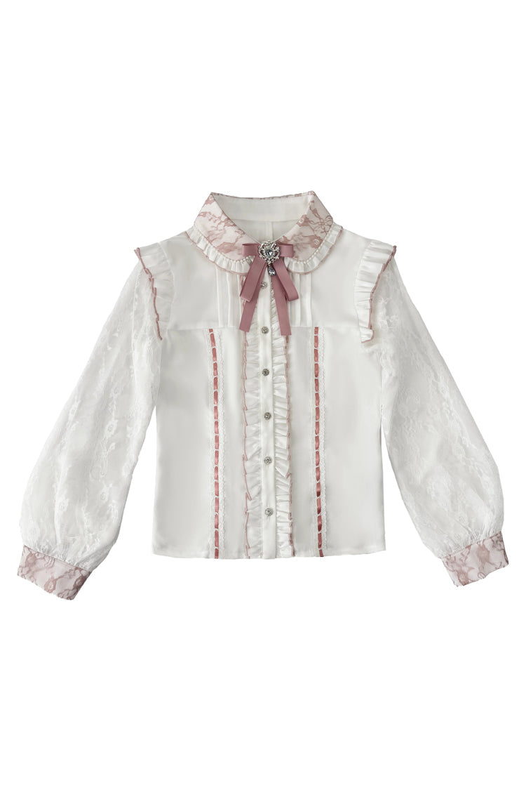 Lapel Collar Long Sleeves Jacquard Ruffled Bow Jirai Kei Japanese Blouse
