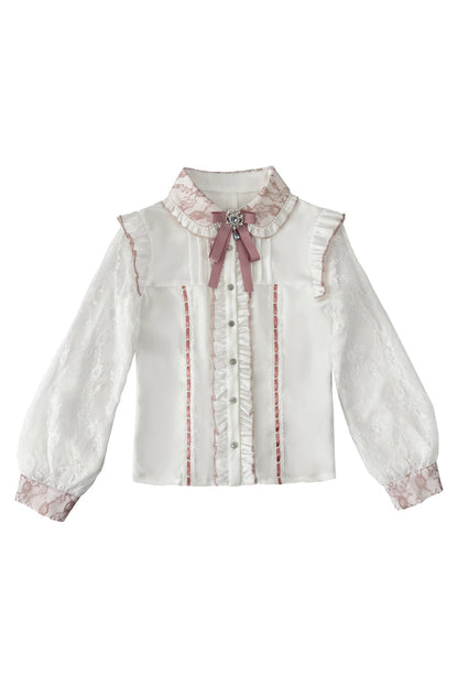 Lapel Collar Long Sleeves Jacquard Ruffled Bow Jirai Kei Japanese Blouse