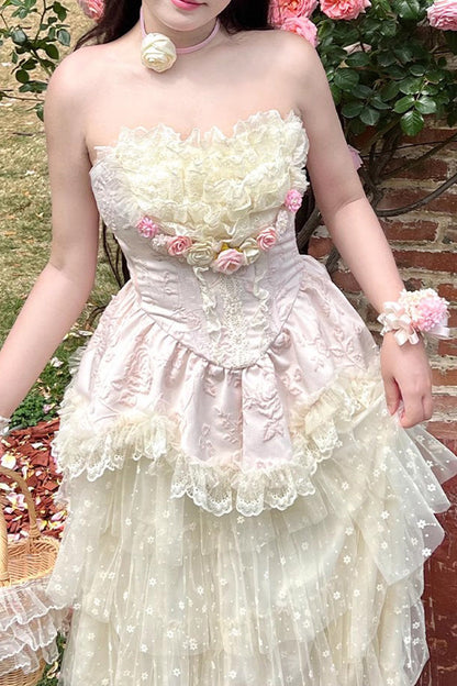 Pink Floral Love Ruffle Bow Lace Elegant Lolita Maxi Set