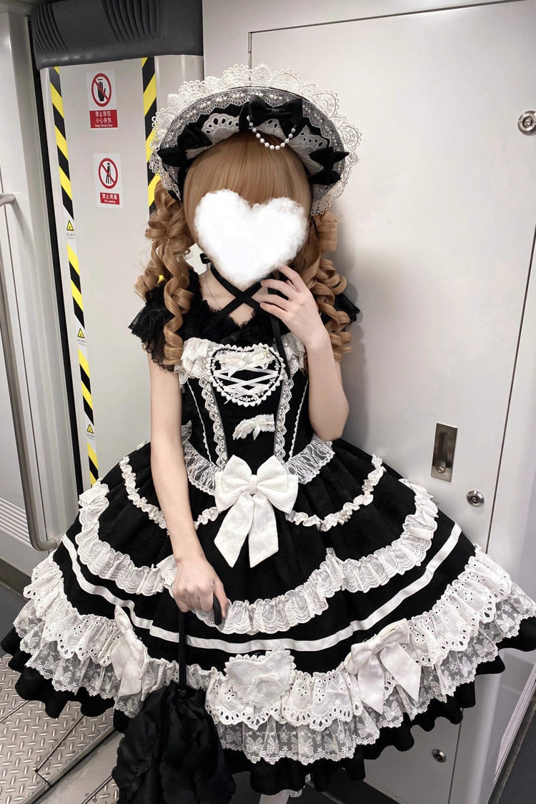 Black White Super Cute Belia Sleeveless Triple-Layered Ruffle Bowknot Lace Gothic Elegant Lolita Jsk Dress
