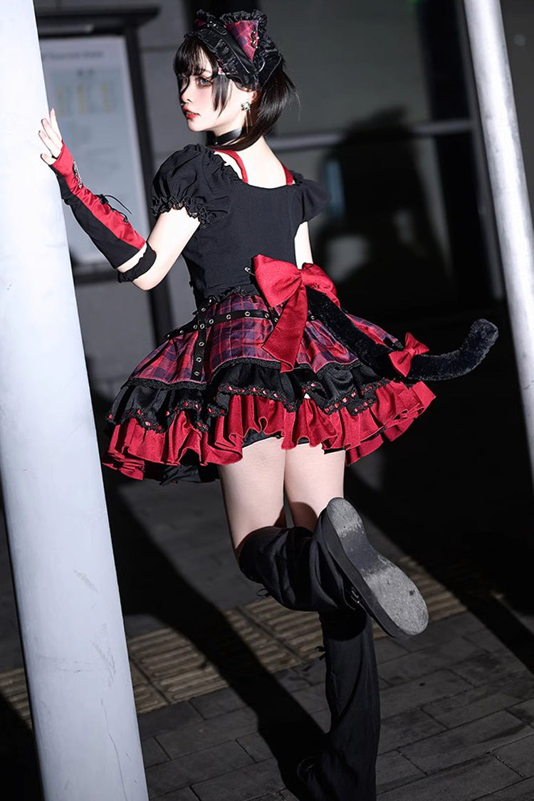 Black Red Print Ruffle Lace-Up Gothic Japanese Princess Skirt Set