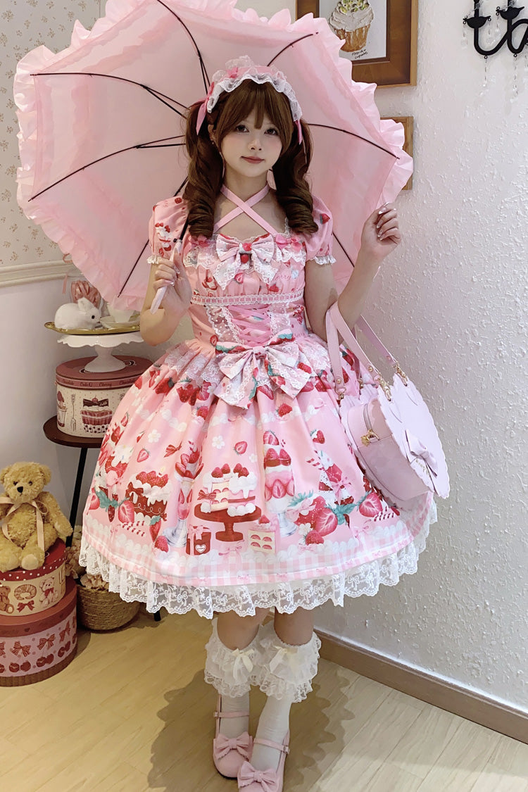 Pink Strawberry Parfait Print Short Sleeve Ruffle Bow Lace Lace-Up Sweet Lolita Dress