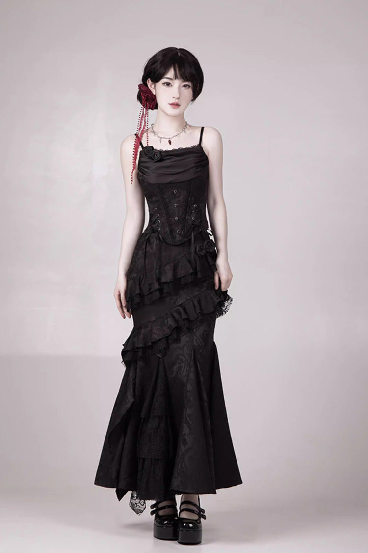 Gothic Lolita Skirt with Multi-Layered Jacquard and Ruffled Witch Design