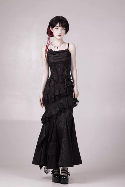 Gothic Lolita Skirt with Multi-Layered Jacquard and Ruffled Witch Design