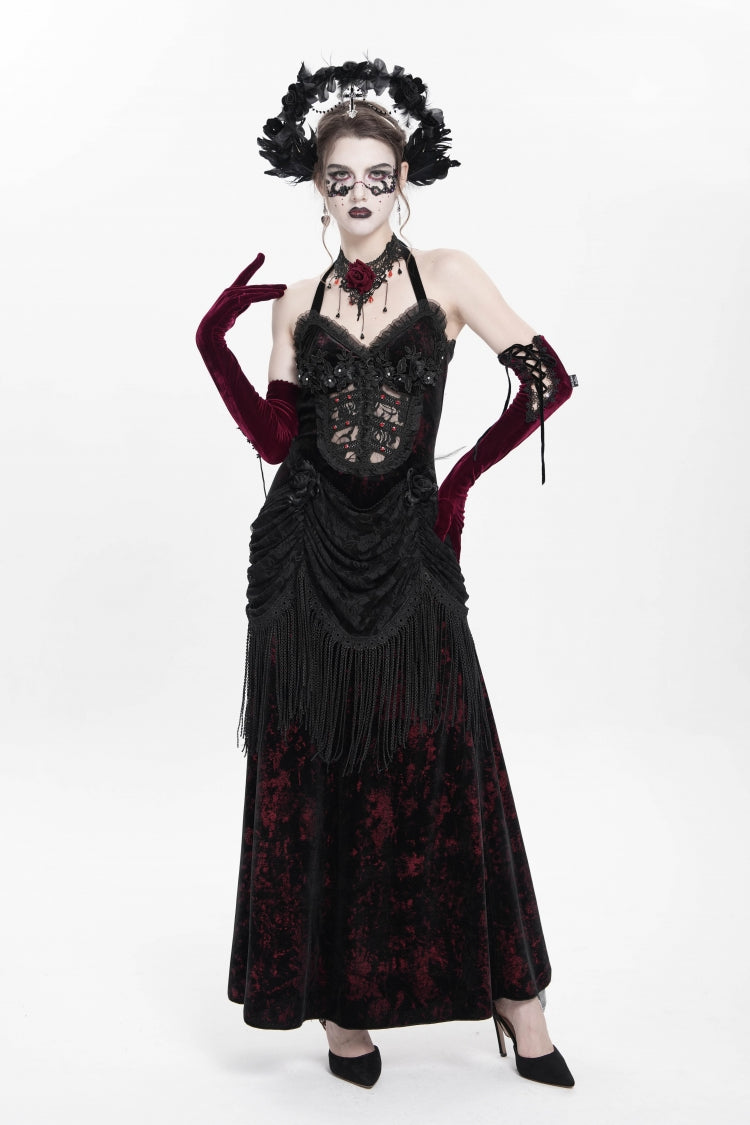 Sleeveless Hollow Floral Lace-Up Pleated Gothic Maxi Dress
