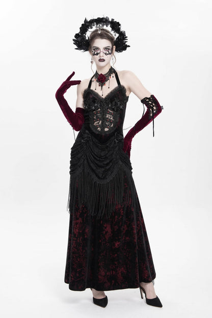 Sleeveless Hollow Floral Lace-Up Pleated Gothic Maxi Dress