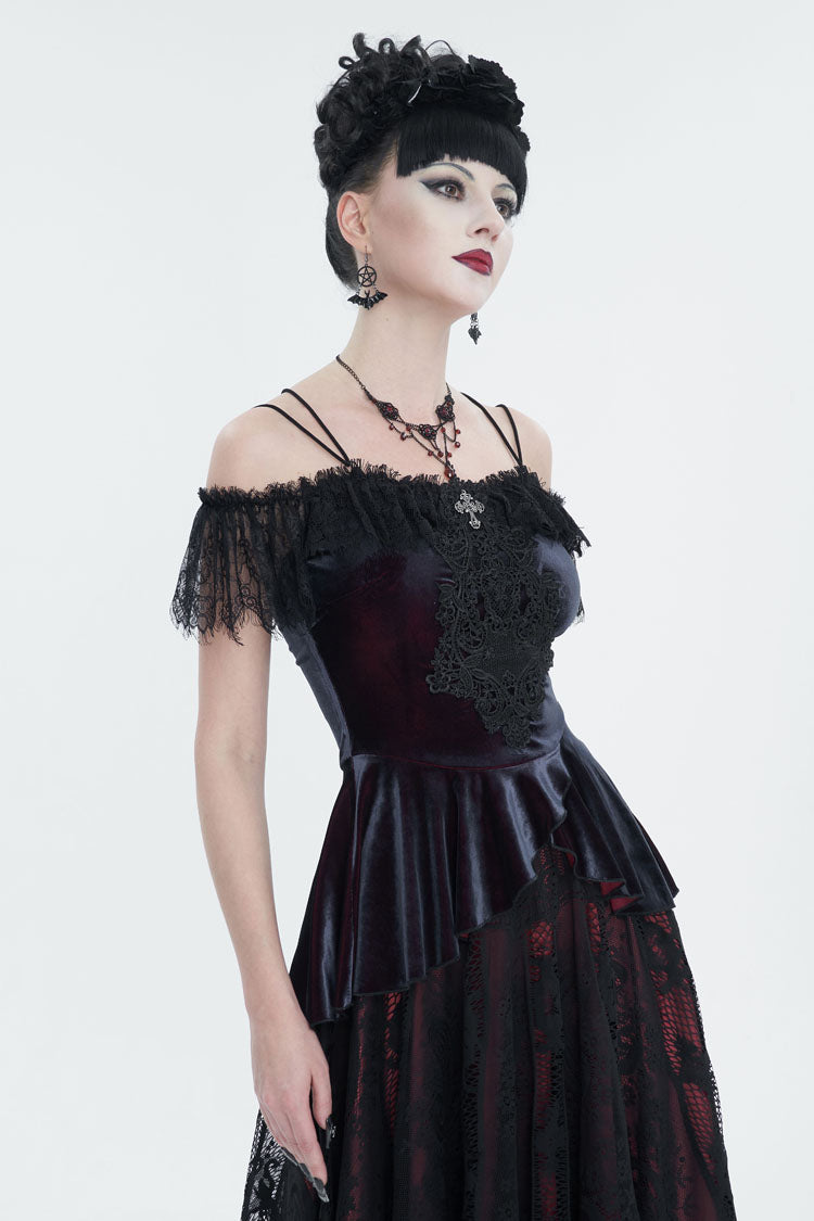 Crimson Stretch Velvet Eyelash Lace Short Sleeve One-Shoulder Goth Strap Tee