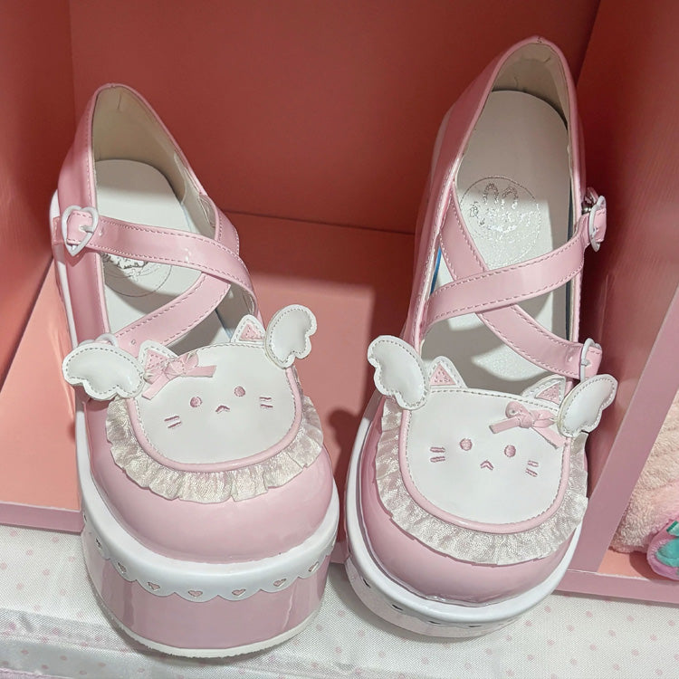 Cat-Design Ruffled Cross-Strap Round-Toe Daily Lolita Platforms in Four Colors