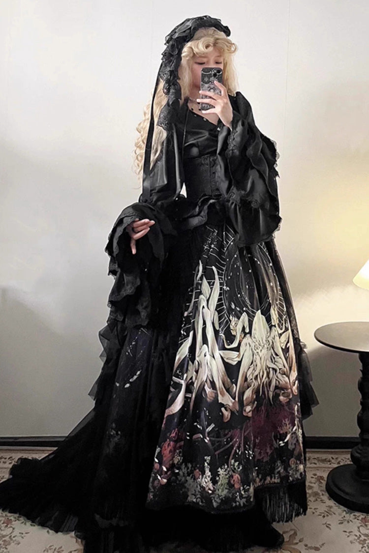 Long Hime Sleeves Gothic Skirt Dress Set with Printed Lace - Reborn Ancient God