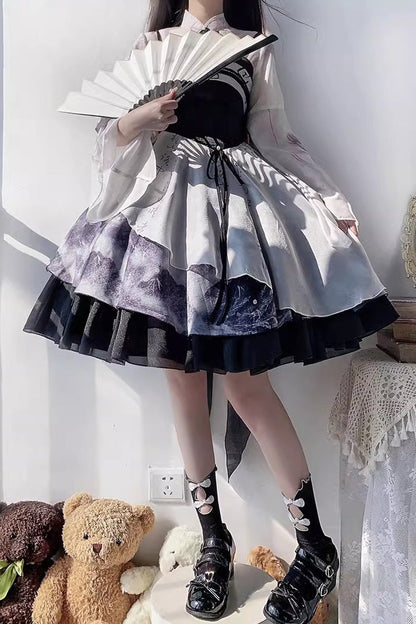 Ombre Ink Wash Ruffle Lolita JSK Ensemble