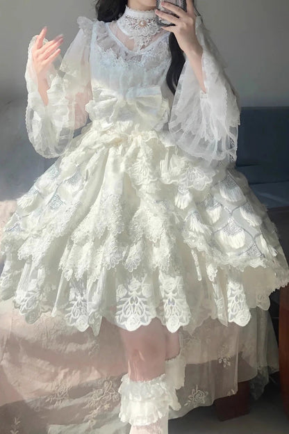 Ivory Peacock Feather Layered Ruffle Hanayome Cardigan Bow Lace Sweet Lolita Jsk Set