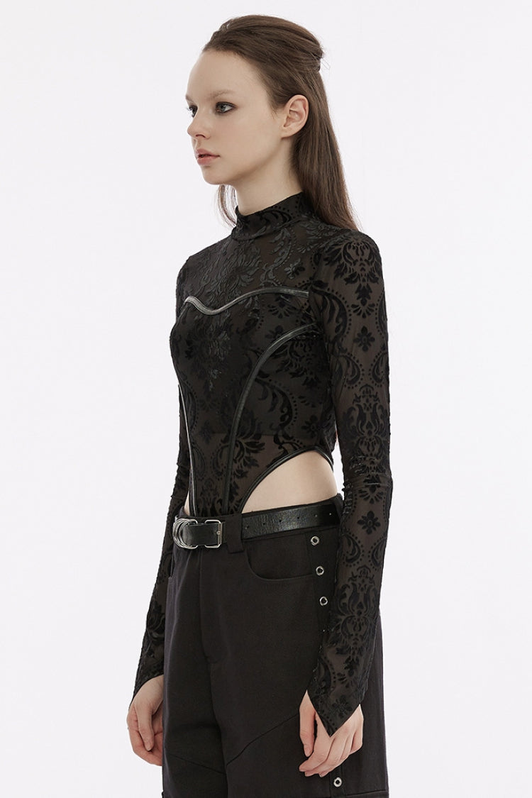 Punk Women's Long-Sleeve Round-Neck Faux Leather Panel Print Bodysuit