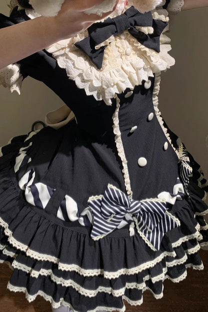 Ebony Striped Layered Short Sleeves Multi Ruffle Bow Sweet Princess Lolita Tiered Dress