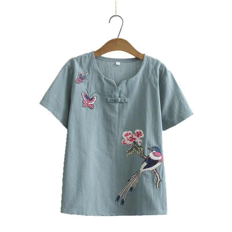 T-Shirt-Hosen-Set mit Vintage-Vogelstickerei und Schnalle