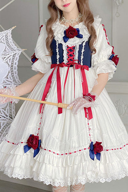 Blue OP Tiered Dress Sweet Lolita Round Collar Short Sleeves - Altfashion Shop