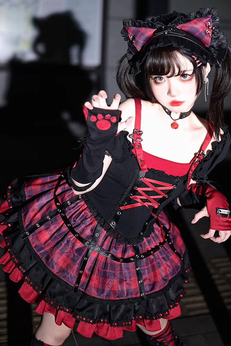 Black Red Print Ruffle Lace-Up Gothic Japanese Princess Skirt Set