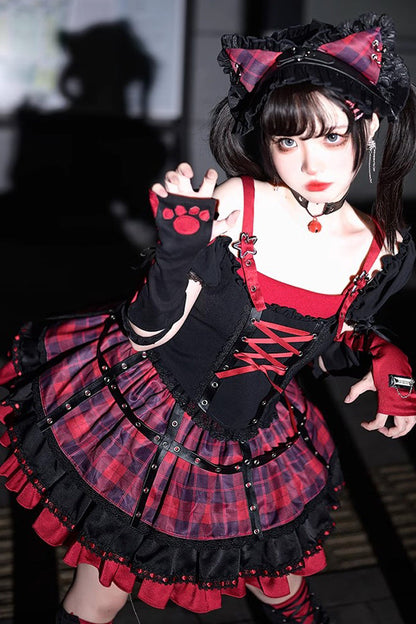 Black Red Print Ruffle Lace-Up Gothic Japanese Princess Skirt Set