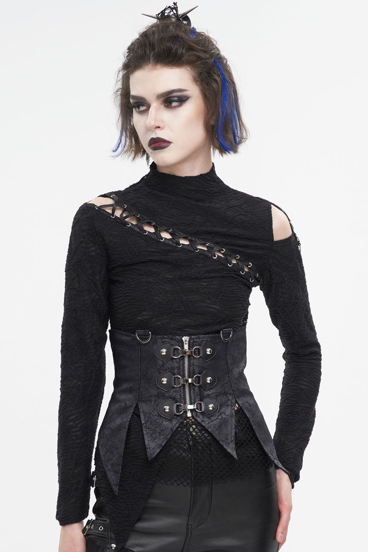 Lace-Up Black Asymmetric Gothic Vest with Detachable Collar