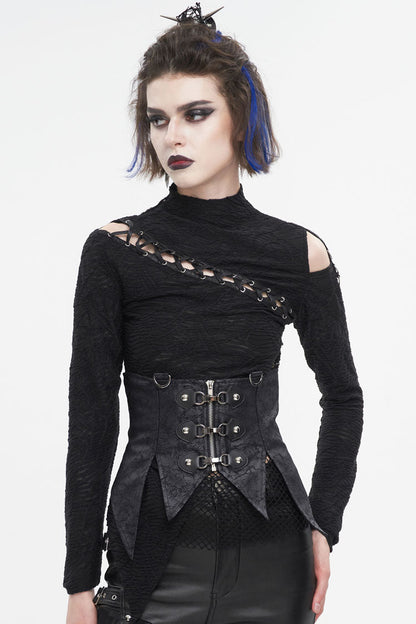 Lace-Up Black Asymmetric Gothic Vest with Detachable Collar
