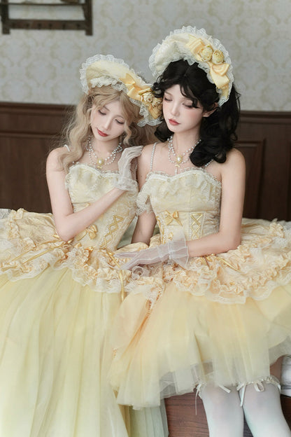 Sissi's Pilgrimage Off Shoulder Ruffle Bow Lace Sweet Lolita Long Skirt in Yellow