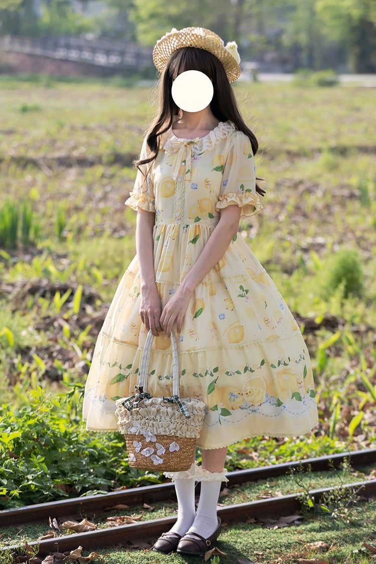 Lemon Chicken Short Sleeve Print Ruffle Bow Lace Daily Sweet Lolita Gown in Yellow