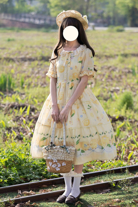 Lemon Chicken Short Sleeve Print Ruffle Bow Lace Daily Sweet Lolita Gown in Yellow