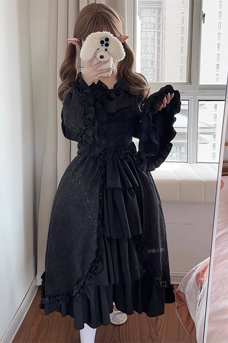 Ebony Long Hime Sleeves Layered Ruffle Cardigan Bow Gothic Plus Size Dress