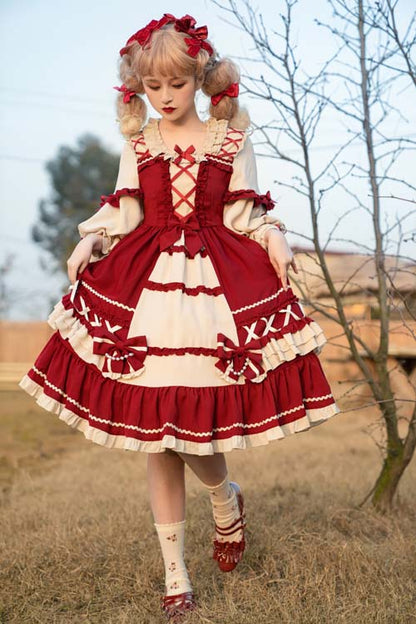 Sweet Lolita OP Dress with Square Neck and Ruffled Long Sleeves