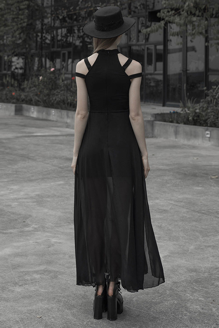 Gothic Dress with Lunar Print and Mesh Stitching