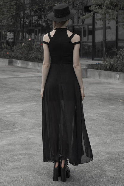 Gothic Dress with Lunar Print and Mesh Stitching