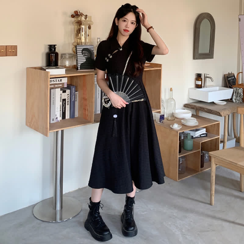 Robe cheongsam élégante à revers noirs en forme de A