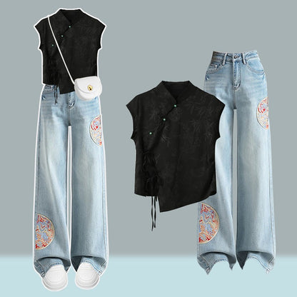 Top Vintage Pieces Embroidery Set Denim Pants Two Buckle