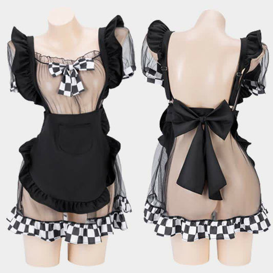 Bow Knot Plaid Maid Mesh Dress Lingerie