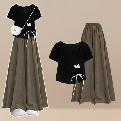 Pantskirt T-shirt Drawstring Two Wide Pieces Flower Leg Set