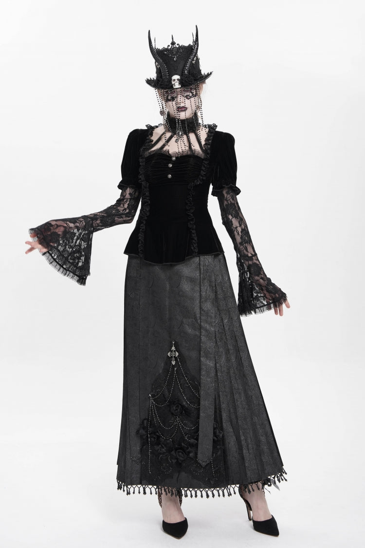 Faux Two-Piece Velvet Blouse with Eyelet and Pleats