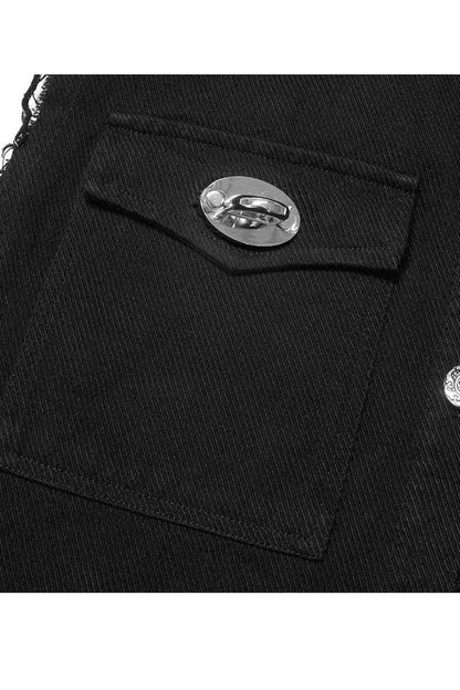 Mens Sleeveless Twill Vest with Flap Pockets and Metal Accents