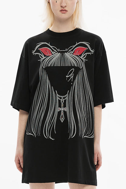 Punk Tee with Faceless Cat-Ear Girl Graphic - Oversized