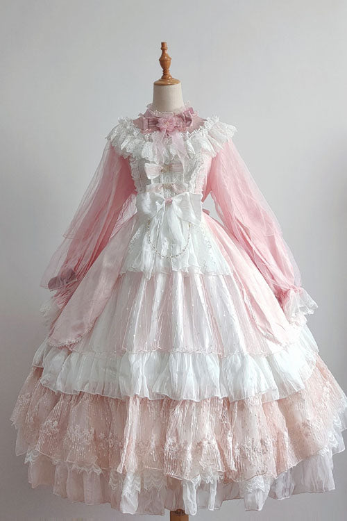 Pink OP Tiered Dress Sweet Lolita Long Sleeves Bowknot Ruffled - Altfashion Shop